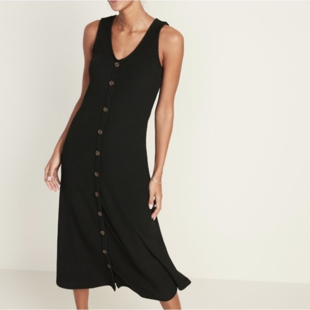 Black Ribbed Button Down Midi Dress Old Navy